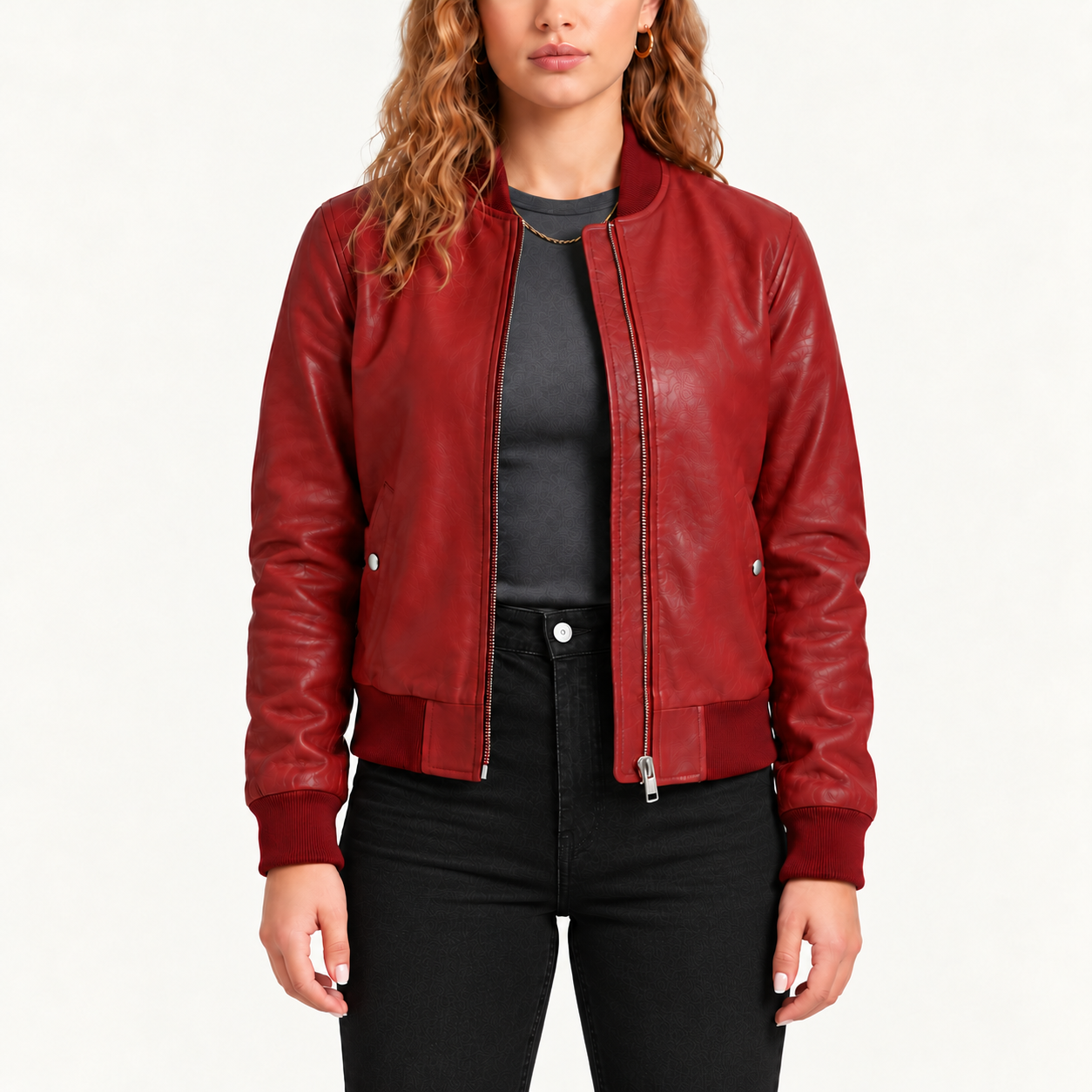Women's Classic Burgundy Red Leather Bomber Jacket – Zip-Up Jacket with Ribbed Cuffs Gallery
